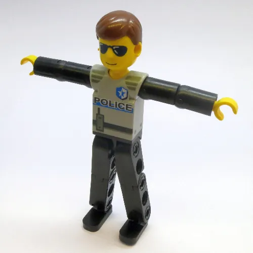 Technic Figure Black Legs, Light Gray Top with Police Print, Black Arms