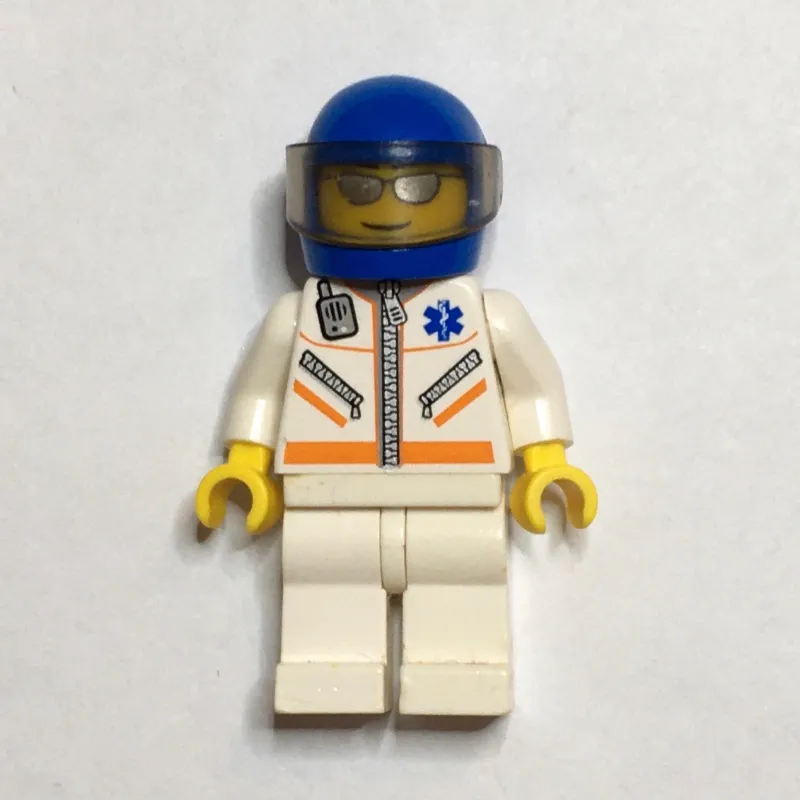 Paramedic, White Jacket with Zipper, Radio and Star of Life, Blue Helmet with Visor, Silver Sunglasses