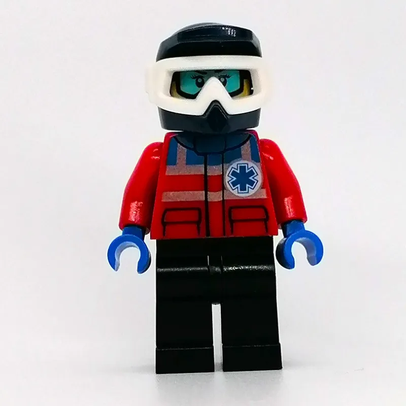Paramedic, Woman, Red Jacket with Star of Life, Dark Blue Dirt Bike Helmet with Snow Goggles, Printed Snow Goggles