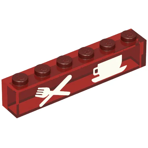 Brick 1 x 6 with No Bottom Tubes with White Knife & Fork, Cup & Saucer Print