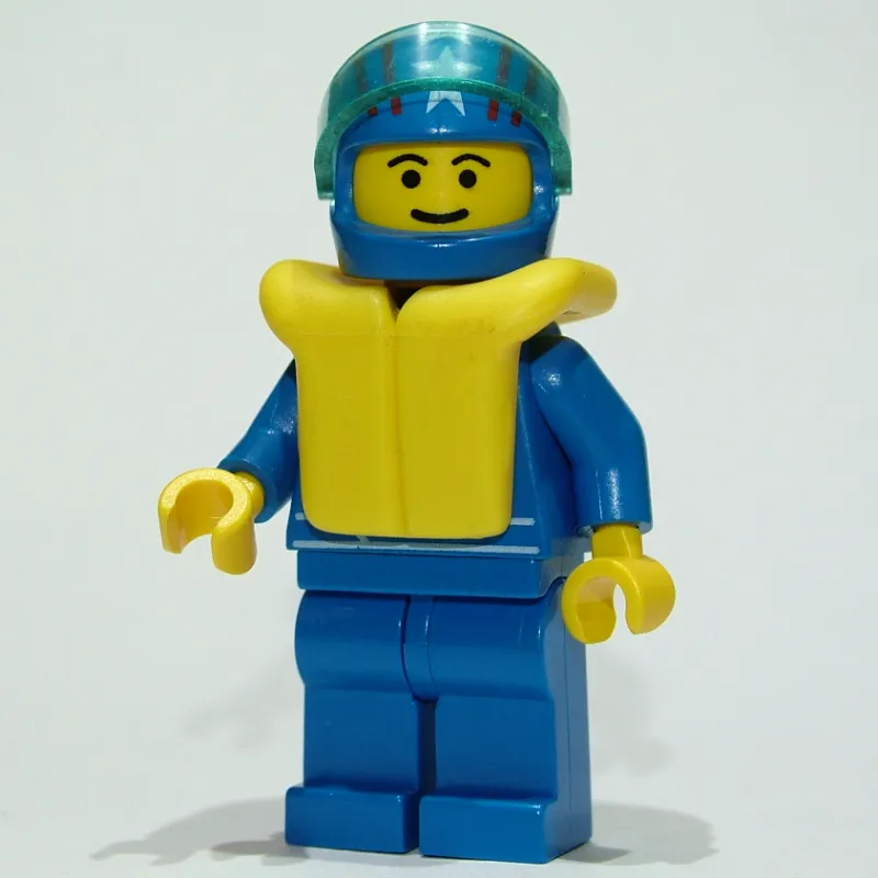 Racer, Blue Jacket with Octan Logo, Blue Legs, Blue Helmet with Stars and Visor, Yellow Life Vest