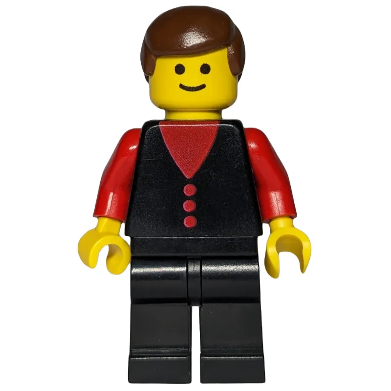 Man, Black Vest over Red Shirt, Black Legs, Brown Hair