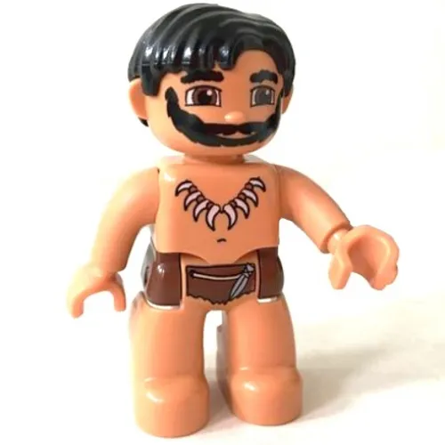 Duplo Figure Side Parted Hair Black, with Nougat Legs, Reddish Brown Hips, Tooth Necklace Print, Black Beard, Nougat Face and Hands (Caveman)
