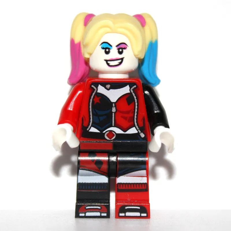 Harley Quinn in Black and Red Jester Outfit, Bright Light Yellow Hair with Magenta and Azure Highlights