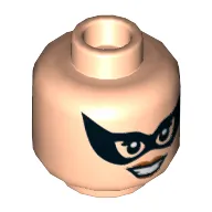 Minifig Head Catwoman, Dual Sided, Dark Brown Pointed Eyebrows, Smirk / Black Pointed Eye Mask, Smile Print [Hollow Stud]