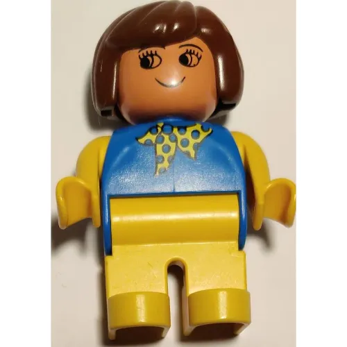 Duplo Figure, Early, Hair Bob Brown, Yellow Legs, Blue Top with Yellow and Blue Polka Dot Scarf, Yellow Arms Print