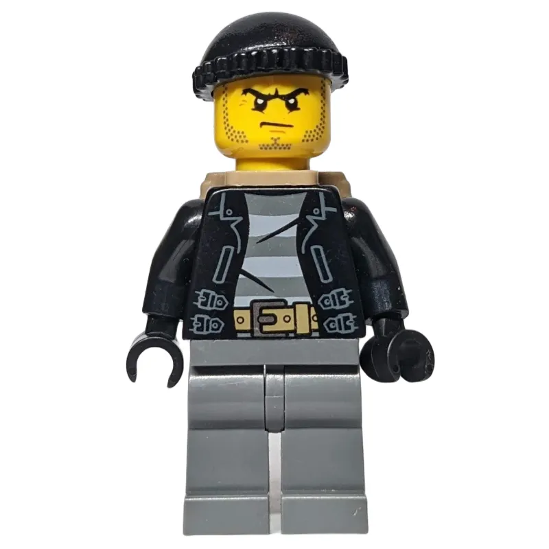 Criminal, Open Black Jacket over Prison Shirt, Dark Bluish Grey Legs, Black Hat, Dark Tan, Stubble