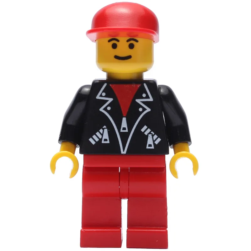 Man, Open Black Jacket over Red Shirt, Red Legs, Red Cap