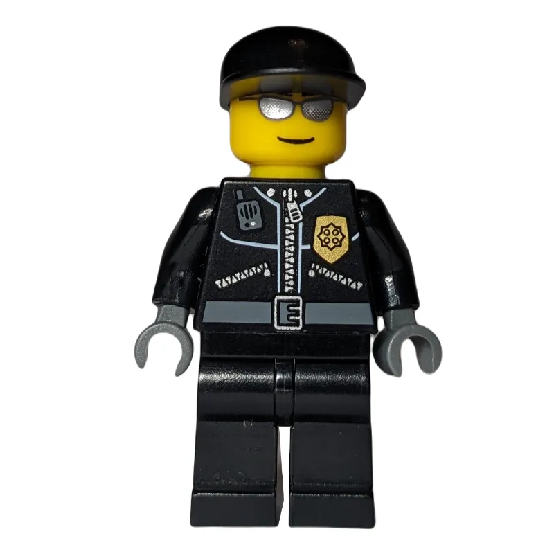 Policeman, Black Jacket with Pocket and Badge, Black Cap, Silver Sunglasses Print
