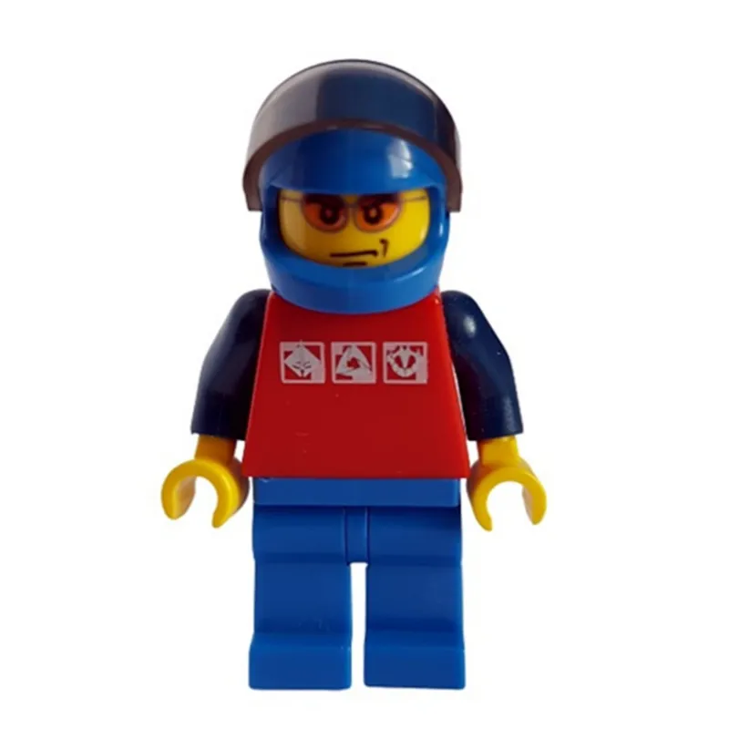 Man, Red Top with Dark Blue Arms, Blue Legs, Blue Helmet with Visor, Orange Sunglasses