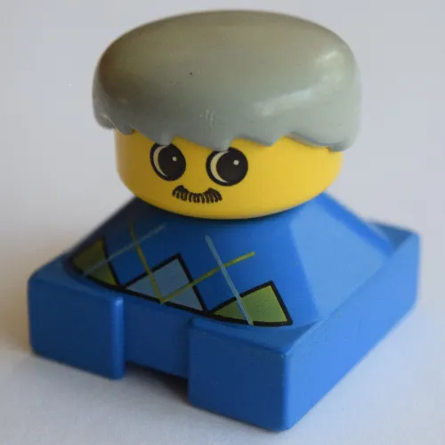 Duplo 2 x 2 x 2 Figure Brick, Spiky Bangs, Light Gray Hair, Yellow and Gray Argyle Sweater, Mustache Print