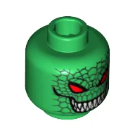 Minifig Head Killer Croc, Red Eyes, Grin with Sharp Teeth, Reptile Scales Print [Blocked Open Stud]
