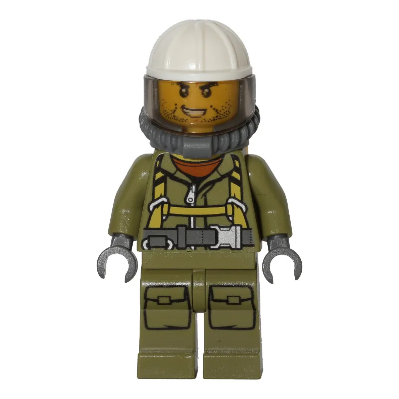 Volcano Explorer, Man, Olive Green Jumpsuit with Straps, White Hard Hat with Visor, Breathing Apparatus, Airtanks, Stubble