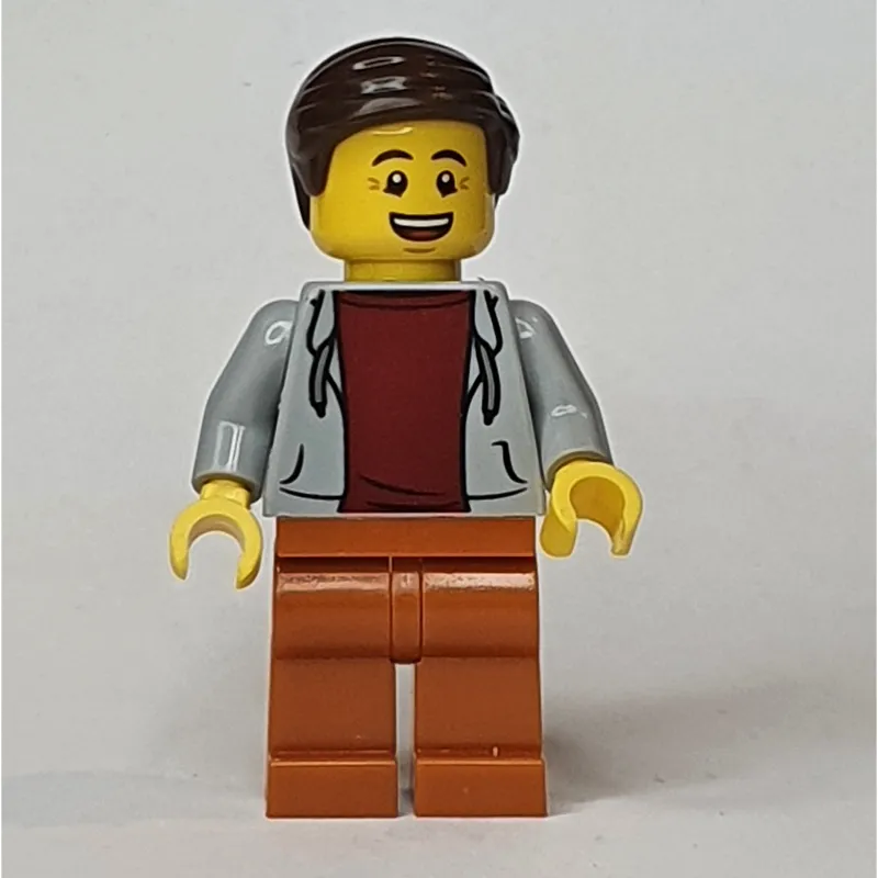 Light Bluish Grey Torso, Dark Orange Legs, Dark Brown Hair