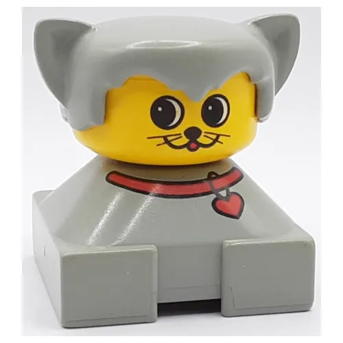 Duplo 2 x 2 x 2 Figure Brick, Hair with Cat Ears Light Gray, Red Collar, Yellow Face with Round Eyes and 2 Whiskers Print