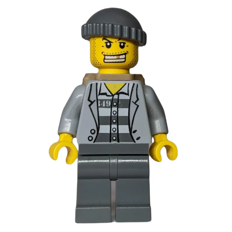 Criminal, Open Light Bluish Gray Jacket over Prison Shirt, Dark Bluish Gray Hat, Dark Tan Backpack, Gold Tooth