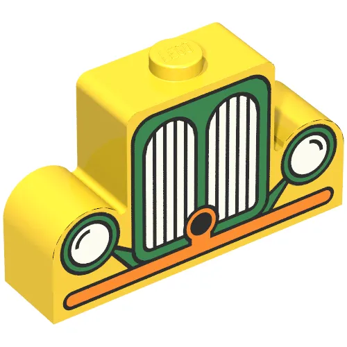 Brick Curved 1 x 4 x 2 Centre Stud Top with Orange and Green Car Grill Print