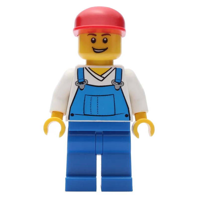 Man, Blue Overalls over White V-Neck Shirt, Red Cap, Open Mouth