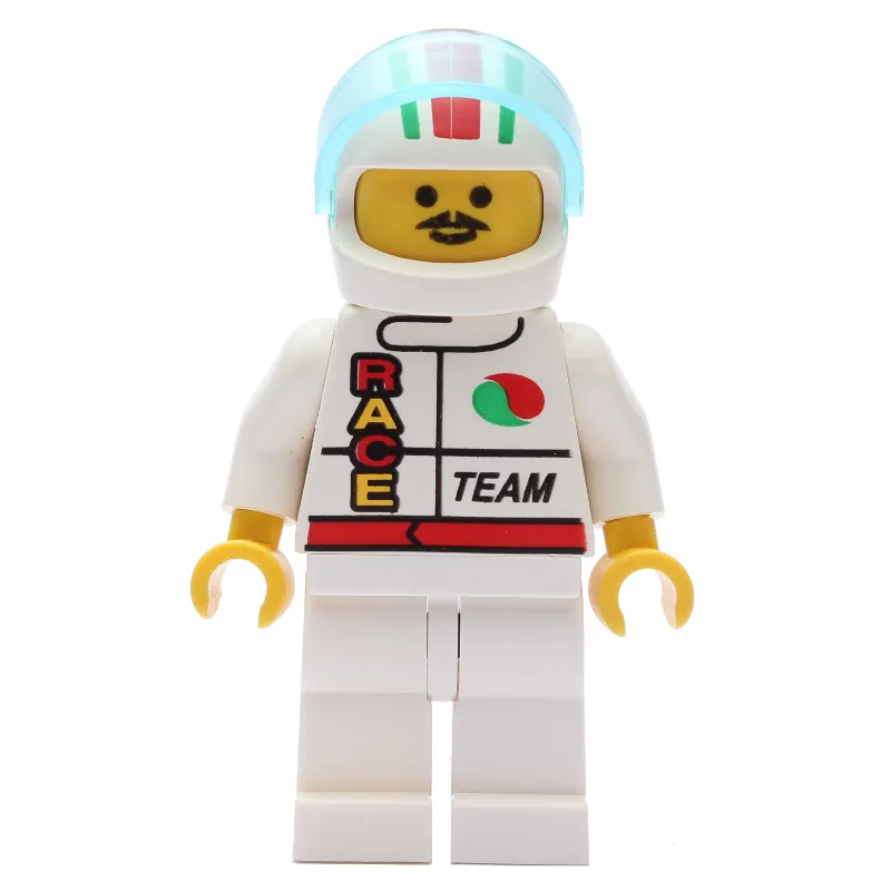 Racer, White Jacket with Octan Logo and 'RACE' and 'TEAM', White Helmet with Stripes and Visor, Moustache