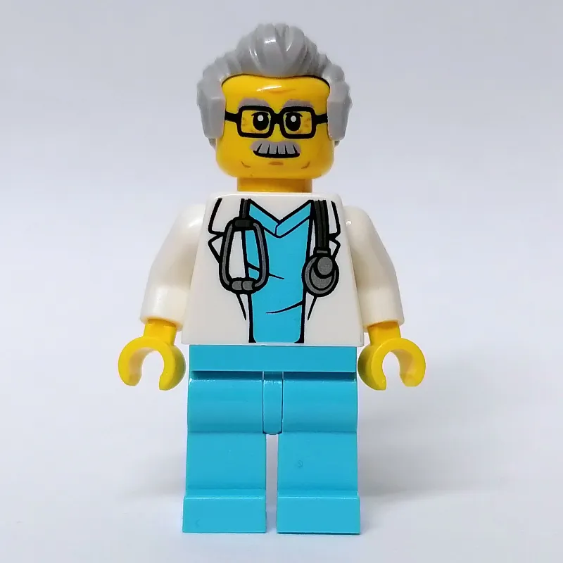 Doctor, White Coat, Medium Azure Scrubs, Light Bluish Gray Hair, Glasses