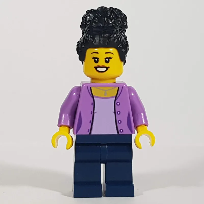 Woman, Medium Lavender Cardigan, Dark Blue Legs