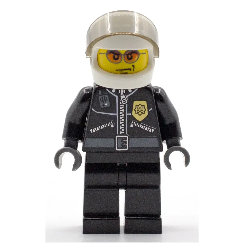 Policeman, Black Jacket with Zipper, Radio, and Badge, White Helmet and Visor, Orange Sunglasses
