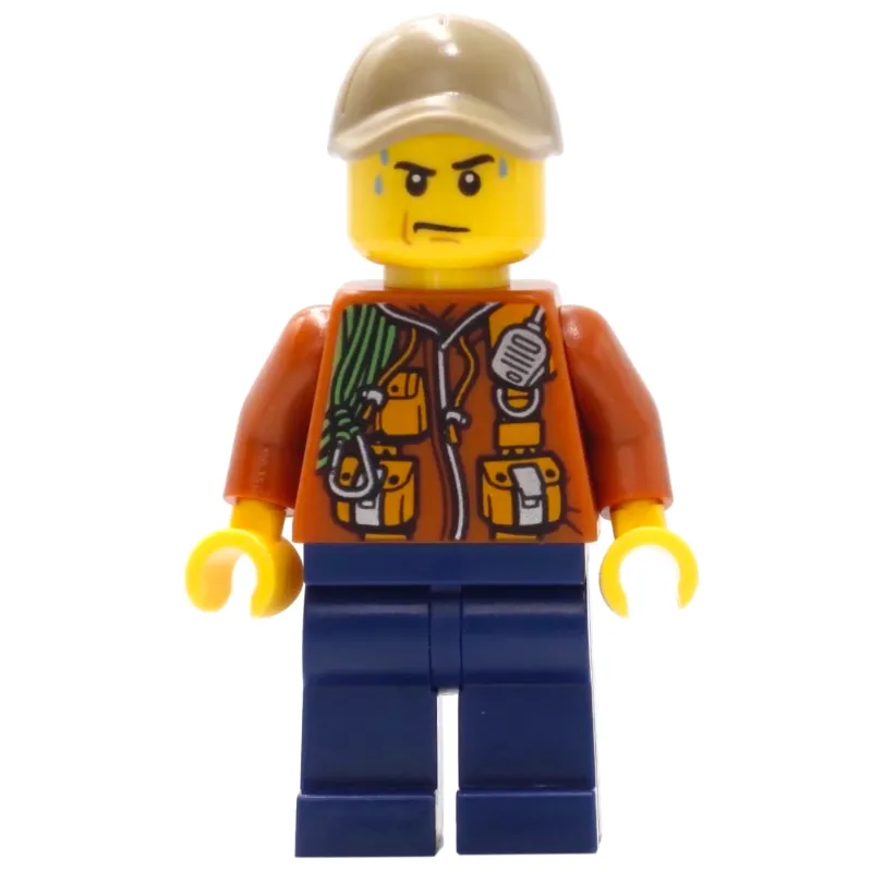 Explorer, Jacket with Pouches, Radio, and Rope, Dark Tan Cap, Sweat Drops