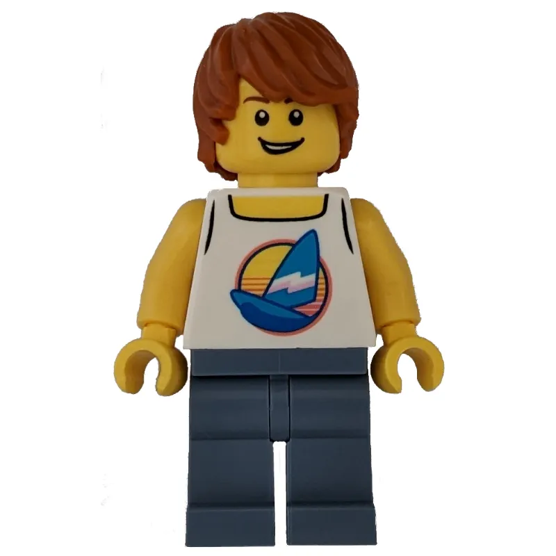 Surfer, White Tank Top with Windsurfer, Sand Blue Legs