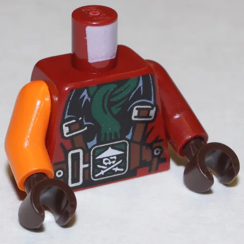 Torso, Odd Arms, Jacket with Harness, Ninja Skull with Crossed Swords, Dark Green Scarf Print, Left Dark Red Arm, Right Orange Arm, Dark Brown Hands