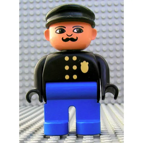 Duplo Figure, Early, with Flat Cap Black, Blue Legs, Six Buttons and Police Badge, Moustache, Nose Turned Down Print