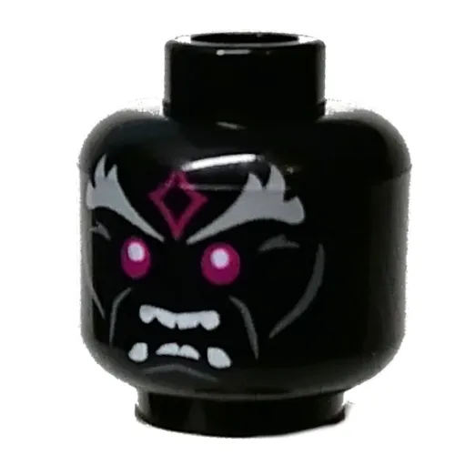 Minifig Head Vangelis, Purple Eyes, Light Bluish Gray Markings, White Fangs Print