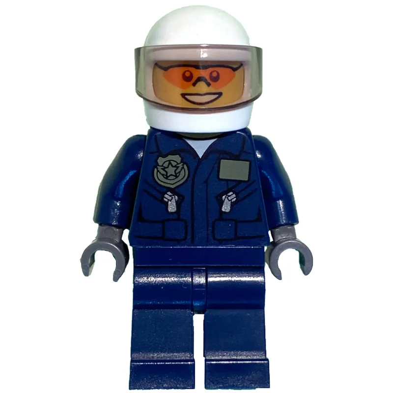 Policeman, Dark Blue Jacket with Pockets and Badge, Plain Dark Blue Legs, White Helmet with Visor, Orange Sunglasses