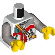 Torso, Jacket, Zipper, Light Bluish Grey/Red Shapes, Dark Turquoise Circle with White '1', Yellow Strap print, Flat Silver Arms, Yellow Hands