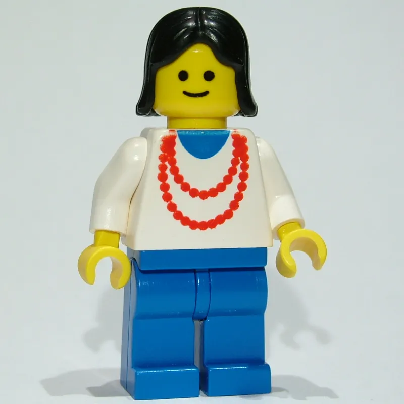 Woman, White Top with Red Necklace, Blue Legs, Black Hair (3626b Head)