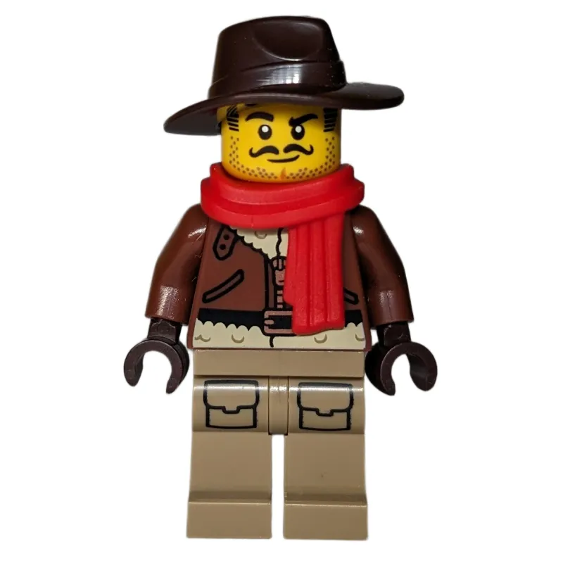 Explorer, Reddish Brown Jacket, Dark Brown Hat, Red Scarf