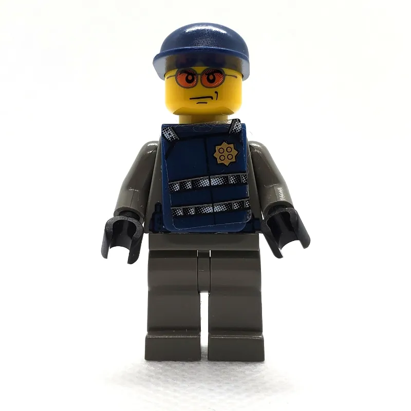 Security Guard, Dark Gray Shirt with Badge, Dark Blue Cap, Dark Blue Vest, Orange Sunglasses