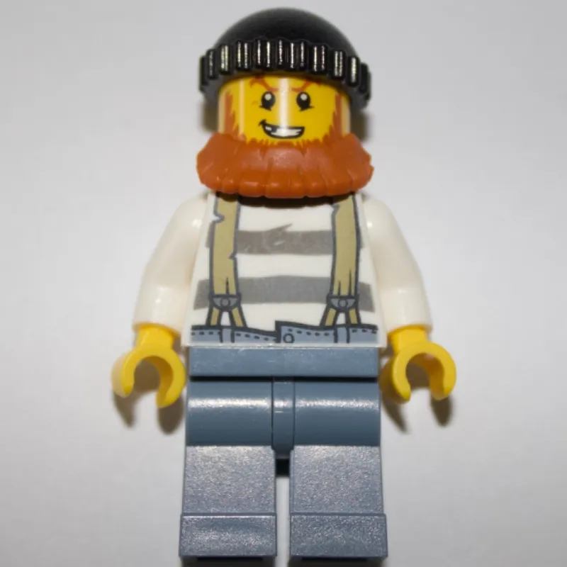 Criminal, Prison Shirt with Suspenders, Black Hat, Dark Orange Beard