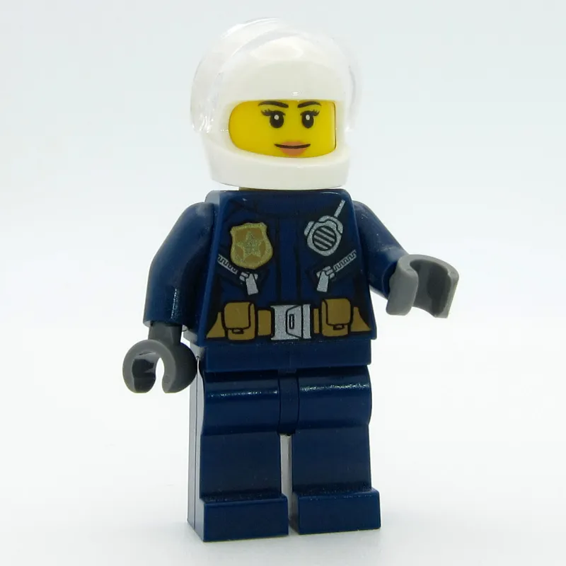 Policewoman, Dark Blue Jacket with Radio, Badge, and Belt with Pouches, White Helmet with Trans-Clear Visor