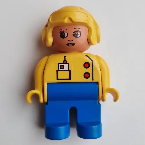 Duplo Figure, Early, Aviator Hat Yellow, Blue Legs, Two Red Buttons, Pocket with Radio Print