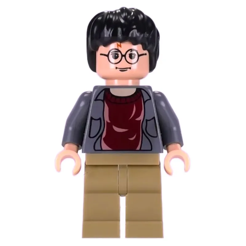 Harry Potter, Open Dark Bluish Gray Jacket over Dark Red Shirt, Dark Tan Legs