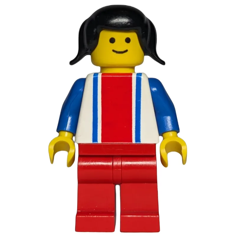 Woman, White Top with Large Red Stripe and 2 Blue Stripes, Red Legs, Black Hair