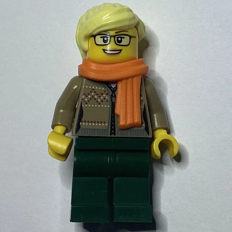 Woman, Dark Tan Cardigan with Zipper, Dark Green Legs, Bright Light Yellow Hair, Glasses
