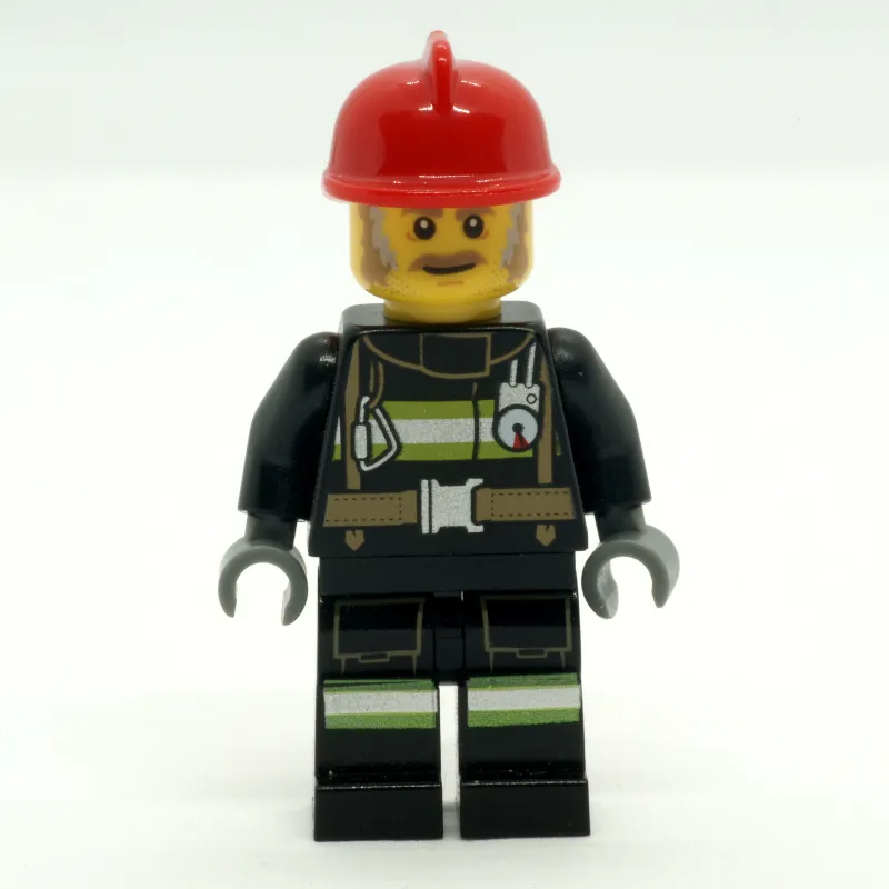 Fire Fighter - Black Torso, Black Legs, Red Helmet, Dark Tan Beard