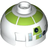 Brick Round 2 x 2 Dome Top, Blocked Open Stud, Bottom Axle Holder with Silver and Lime Astromech Droid Print (R7-A7)