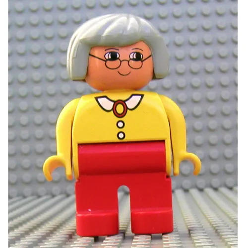 Duplo Figure, Early, Hair Bob Light Gray, Red Legs, White Collar and Pendant, Glasses Print
