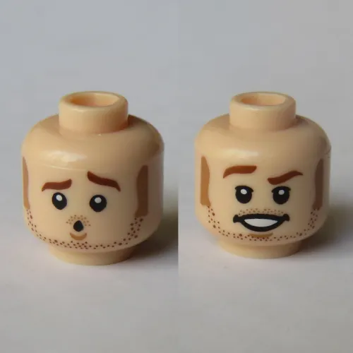 Minifig Head Owen Grady, Reddish Brown Beard and Mustache Stubble, Raised Eyebrow, Smile / Concerned Print
