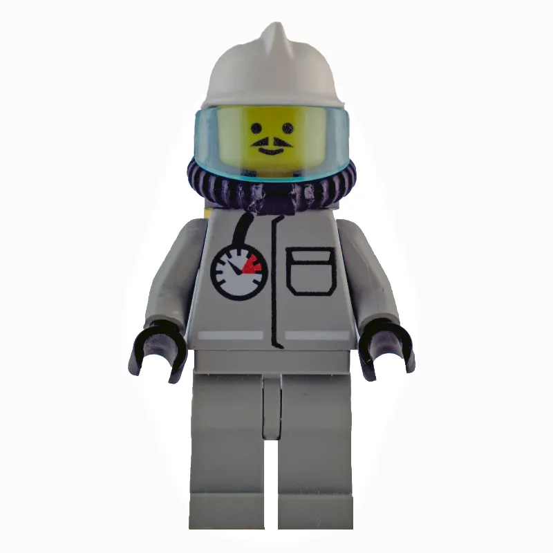 Fireman, Shirt with Gauge and Pocket, Light Gray Legs, White Helmet, Breathing Apparatus, Airtanks, Moustache