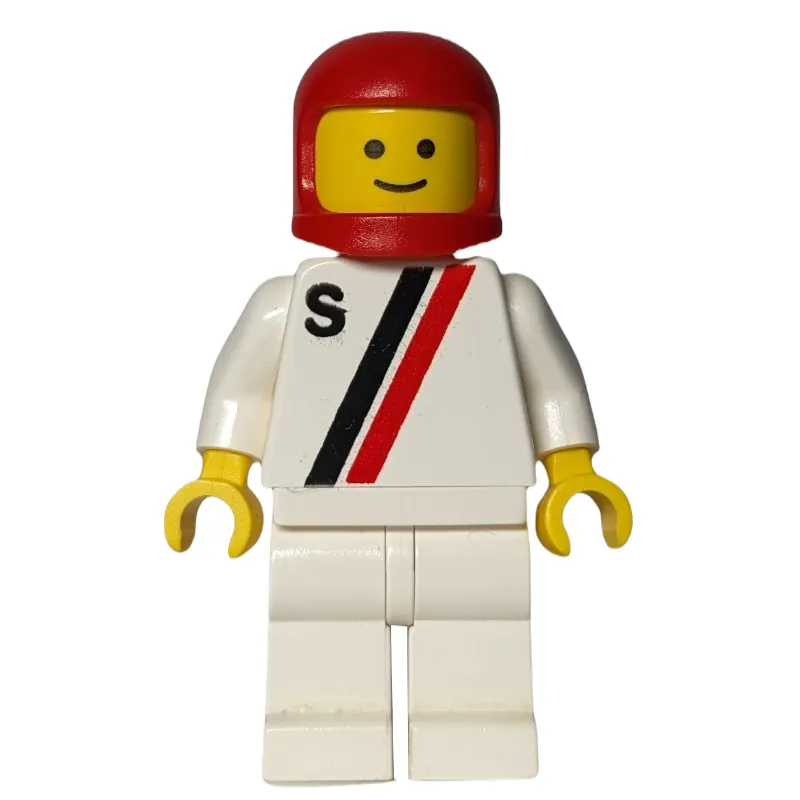 Racer, White Shirt with Two Stripes and 'S', White Legs, Red Helmet