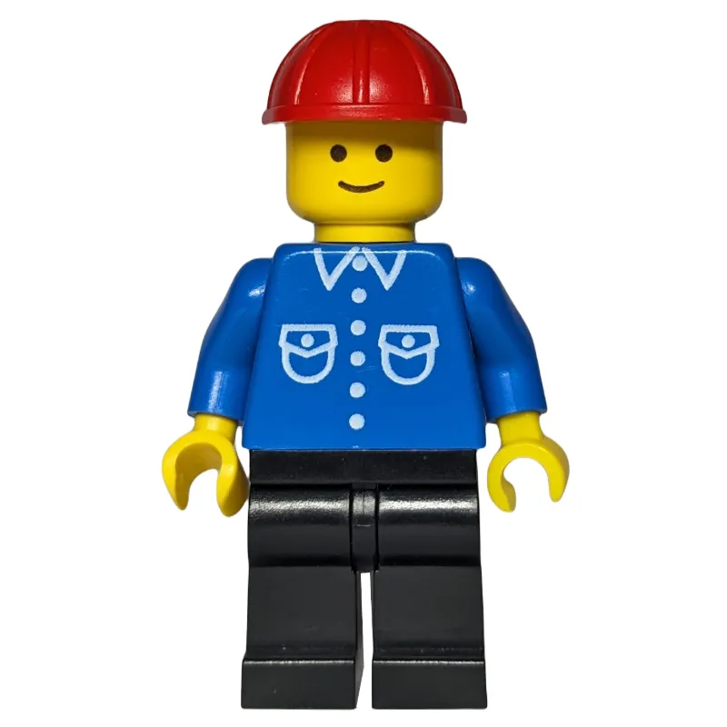 Man, Blue Shirt with Buttons and Pockets, Black Legs, Red Hard Hat
