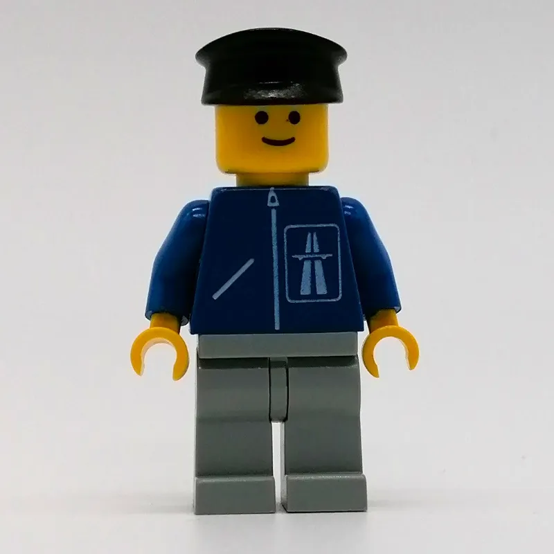 Man, Blue Jacket with Highway Logo, Light Gray Legs, Black Hat